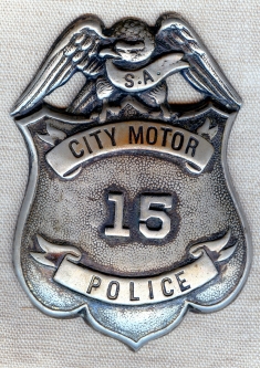 Ext. Rare Ca 1910's San Antonio Texas City Motor (Motorcycle) Police Badge #15