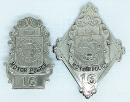 Extremely Rare 1920's San Antonio Texas Motor (Cycle) Police Badge #16 with Matching Hat Badge