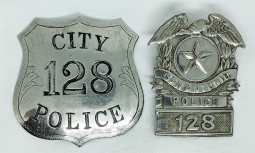 Rare 1890's-1900's San Antonio Texas City Police "Blanket Badge" with Matching 1910's Hat Badge #128