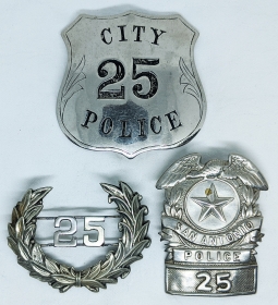 Rare 1890s -1900s San Antonio Texas City Police Badge #25 with Matching Bobby & 1910s Hat Badge