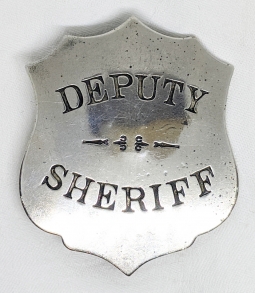 Great 1870s - 1880s Old West Deputy Sheriff Hand Stamped and Hand Formed Shield Shaped Badge