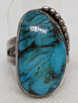 Gorgeous 1950's Navajo Silver Ring with large "Smokey" Swirl Turquoise Probably Blue Diamond sz 11