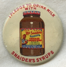 1940s Vintage Snaiders Chocolate Syrup Advertising Litho Tin Pin