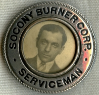 Great, Rare, 1910's - 20's Socony Burner Corp. Serviceman Photo ID Badge #'d on Reverse