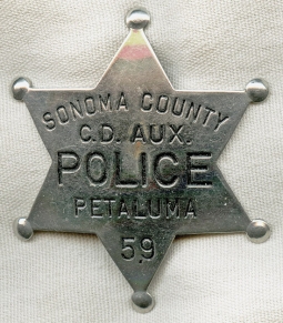 Sonoma County, California Cold War (late 1940's - early 1950's) Civil Defense Auxiliary Police Badge
