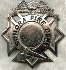 Ca 1900s - 1910s Sonora, California Fire Department Badge with Nice Ed Jones Co. Hallmark
