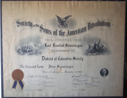 1933 Sons of the American Revolution Membership Certificate of Earl Kendall Swearingen
