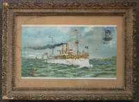 Beautiful & Brightly Colored Span-Am War Litho Print of USS Maine with Original Frame