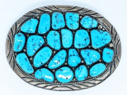 Gorgeous, Huge, 1960's - 70's Turquoise - Encrusted Navajo Silver Belt Buckle.