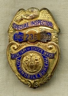 Very Early,1915-1916's New York Sec. of State's Office Automobile Bureau Spec. Inspector Badge.