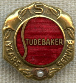 Beautiful 1920's Studebaker Auto Co. 5 Year Service Lapel Pin by Kinney Co. with Pearl