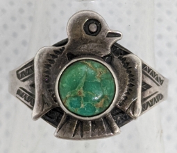 Great Little Fred Harvey Era Ring with Thunderbird & Turquoise 1930's - 40's Size 4.75