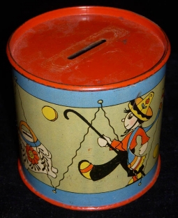 1940s-1950s Tin Drum Coin Bank Illustrated by Fern Bisel Peat