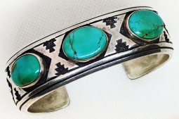 1970's - 80's Large Navajo Silver Bracelet by Thomas Singer with 3 Nice Royston Turquoise Cabs