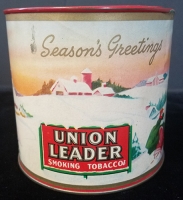 Great 1940's Union Leader Tobacco Tin with Rare Christmas Theme Paper Label in Exc Cond