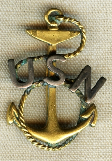 Beautiful WWI USN CPO Hat Badge Slightly Large Size Rope Loop