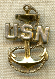 Very Nice WWII USN CPO Overseas Cap Size Hat Badge in Sterling by AMICO