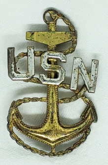 Rare Late 1930's - WWII USN CPO Hat Badge by PASQUALE in Gilt Sterling. Cool Salty "Stepped" USN.