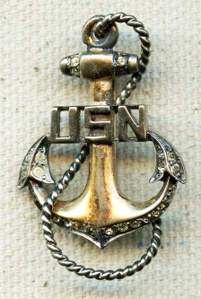 Exceptional WWII USN CPO Sweet Heart Pin in Gilt Silver with Rhinestones. "MB" Maker mark