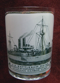 Only One I've Seen: Stunning Span-Am War Era USS Maine Glass with Enamel Pyro-Transfer