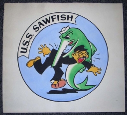 Large Original Watercolor for USS Sawfish SS-276 Insignia Featuring Tojo About to Be Sawed in Half