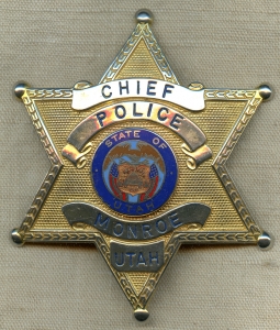 Nice, Large 1970's Monroe, Utah Police Chief Badge.