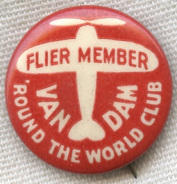 Late 1930s Van Dam 'Round the World Club Member Celluloid Badge WOOD Radio, Grand Rapids, Michigan