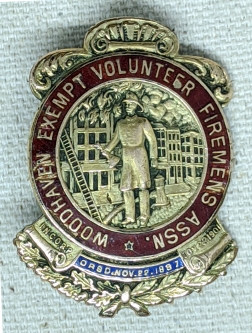 Lovely Ca 1901 Woodhaven (Queens) NY Exempt Vol. Fireman's Assoc. Badge #'d & Named on Back