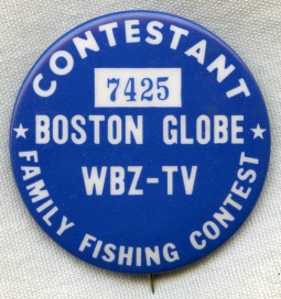 Late 1950s Boston Globe WBZ-TV Family Fly Fishing Contestant Celluloid Badge