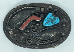 Lovely Ornate Vintage 1970's Navajo Buckle by W. Dodson. IHMSS: Indian Hand Made Sterling Silver