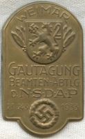 Large 1933 Weimar Gautagung (Meeting) NSDAP Tinnie in Exceptional Condition