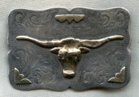 Early 1920s Western Buckle with Steer Head and Flowers in Sterling & 10K Gold by Early Maker