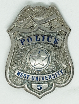 Great 1920s or Earlier 1st Issue West University Texas Police Badge #5.
