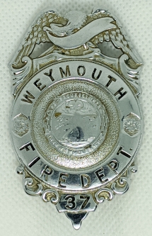 1910's - 20's Weymouth, MA Fire Department Badge #37