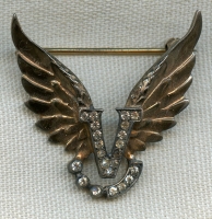 Beautiful WWII Winged "V" for Victory Pin in Gilt Sterling with Rhinestones. Very 3-D!