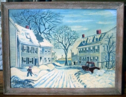 Folksy 1930s - 1940s Winter Scene Painting by R. Nason (Salem Massachusetts?)