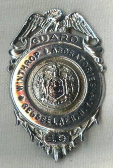 Mid-Late 1960s Guard Badge for Winthrop Labs, Rensselaer, New York Anabolic Steroid Winstrol Creator