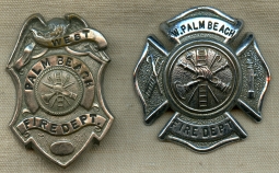 Nice Pair Early 1930's West Palm Beach Florida Fire Badges Coat & Hat By C. G. Braxmar NYC