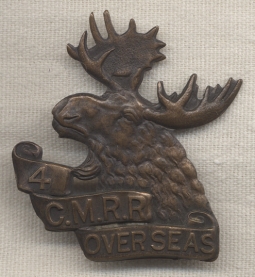 WWI Cap Badge for 4th Canadian Mounted Rifles Regiment (4CMR) Overseas (Part of CEF)