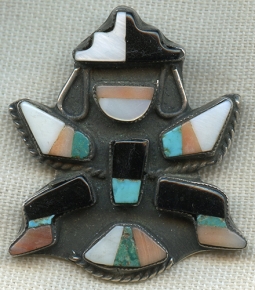 Nice 1940's Zuni Kachina Brooch in Silver, Turquoise, Coral, Onyx, and Mother of Pearl