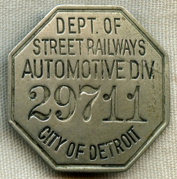 1910's - 1920's City of Detroit Dept. of Street Railways Automotive Division Driver Badge