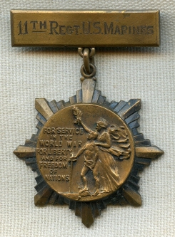 WWI #'d Service Medal from the Brotherhood of Railroad Trainmen to 11th Regt. US Marines