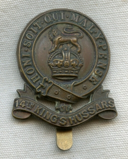 Scarce WWI Period 14th King's Hussars Enlisted Man Cap Badge