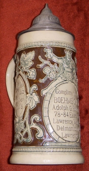 Circa 1900 Boehms' Cafe' Advertising Stein from Lawrence, Massachusetts