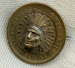 Beautiful 1905 Pop-Out Indian Head Penny Badge. Scarce with "Pat. Nov. 22, 1904"