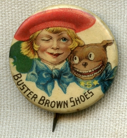 Wonderful, Iconic 1900's -1910's Buster Brown Shoes Celluloid Pin w/ Buster & Tige