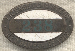 Rare 1913 New Hampshire Licensed Chauffeur Badge #238