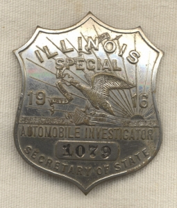 Early (1916) Illinois Special Automobile Investigator Badge