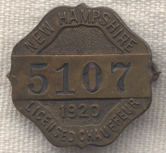Beautiful 1920 New Hampshire Licensed Chauffeur Badge #5107