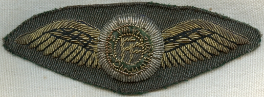 Rare 1930's Irish Army Air Corps Pilot Wing Full Dress in Bullion on Irish Uniform Gabardine Wool